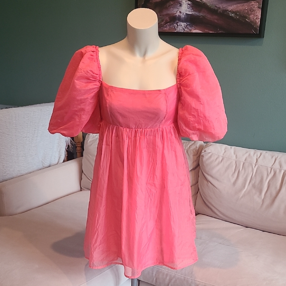Pink Puff Sleeve Mini Dress